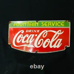 Coca Cola Fountain Gas Station Porcelain Enamel Sign 27 X 14 In Ss