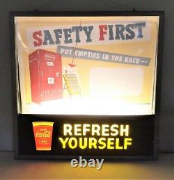 Coca Cola Lighted Refresh Yourself Safety First Theater Style Sign VERY NICE