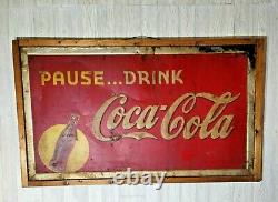 Coca Cola Pause. Drink Large Metal Framed Sign Original Vintage 1939 Coke Soda