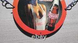 Coca Cola Porcelain Pinup Half Naked Babe Enamel Garage Brewery Oil Pump Sign