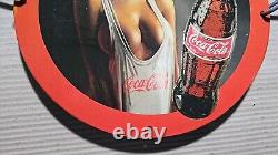Coca Cola Porcelain Pinup Half Naked Babe Enamel Garage Brewery Oil Pump Sign