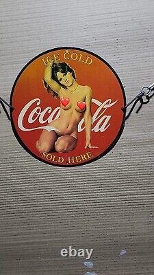 Coca Cola Porcelain Pinup Naked Girl Mancave Garage Brewery Oil Pump Auto Sign