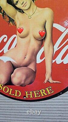 Coca Cola Porcelain Pinup Naked Girl Mancave Garage Brewery Oil Pump Auto Sign