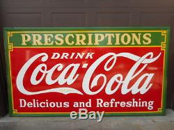 Coca Cola Porcelain Prescription Sign Original 8 x 4 Ft Exc. Cond. Antique 1933