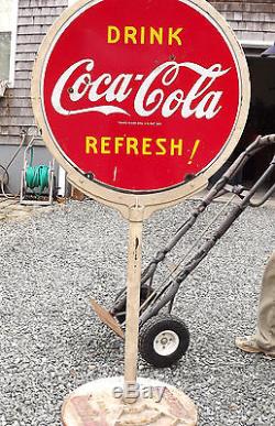 Coca Cola Porcelain SIGN & BASE = Two Sided & Huge 30 W x 65 Tall Vintage Adve