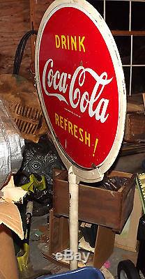 Coca Cola Porcelain SIGN & BASE = Two Sided & Huge 30 W x 65 Tall Vintage Adve