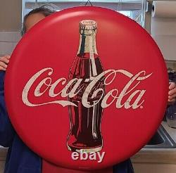 Coca-Cola Rustic 24 Inch Red Disc Button Sign Contour Bottle Script Logo