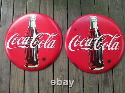 Coca-Cola Set of 2 Rustic 24 Inch Red Disc Button Signs Contour Bottle