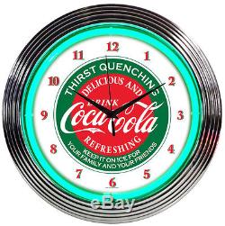 Coca-Cola Thirst Quenching Green Neon Hanging Wall Clock / Vintage Look NEW