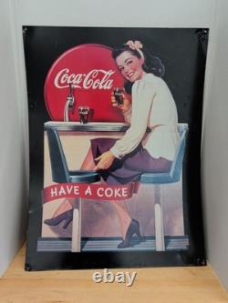 Coca-Cola Wood Advertising Sign. Have a Coke. Girl At Soda Bar. 21.75 X 29