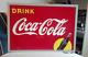 Coke Sign Masonite Large 20 x 28 Coca-Cola AM 9-46 Vtg Bottle Yellow Circle