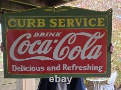 DEFECTIVE HUGE VINTAGE DRINK COCACOLA CURB SERVICE PORCELAIN SIGN 27x18 G3D