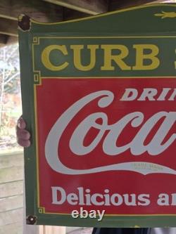 DEFECTIVE HUGE VINTAGE DRINK COCACOLA CURB SERVICE PORCELAIN SIGN 27x18 G3D