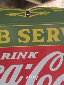 DEFECTIVE HUGE VINTAGE DRINK COCACOLA CURB SERVICE PORCELAIN SIGN 27x18 G3D