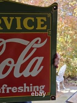 DEFECTIVE HUGE VINTAGE DRINK COCACOLA CURB SERVICE PORCELAIN SIGN 27x18 G3D