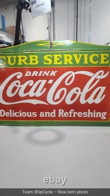 DEFECTIVE HUGE VINTAGE DRINK COCACOLA CURB SERVICE PORCELAIN SIGN 27x18 G3D