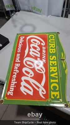 DEFECTIVE HUGE VINTAGE DRINK COCACOLA CURB SERVICE PORCELAIN SIGN 27x18 G3D