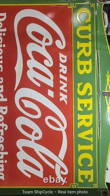DEFECTIVE HUGE VINTAGE DRINK COCACOLA CURB SERVICE PORCELAIN SIGN 27x18 G3D