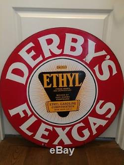 (DG) Derby's Flexgas Ethyl logo double sided 30 Round Porcelain Sign Vintage