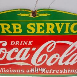 Drink Coca Cola Curb Service Porcelain Enamel Sign 27 x 18 Inches 1 Side