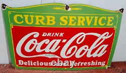 Drink Coca Cola Curb Service Porcelain Enamel Sign 27 x 18 Inches 1 Sided