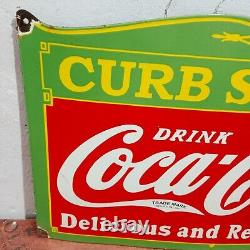 Drink Coca Cola Curb Service Porcelain Enamel Sign 27 x 18 Inches 1 Sided