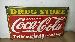 Drink Coca Cola Drug Store Porcelain Enamel Sign 24 x 14 Inches