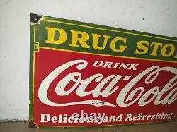 Drink Coca Cola Drug Store Porcelain Enamel Sign 24 x 14 Inches