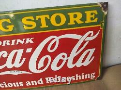 Drink Coca Cola Drug Store Porcelain Enamel Sign 24 x 14 Inches