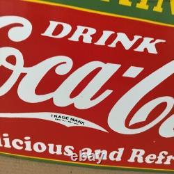 Drink Coca Cola Fountain Lunch Porcelain Enamel Sign 24 x 14 Inches