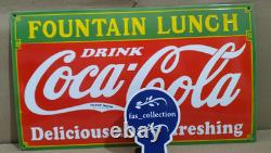 Drink Coca Cola Fountain Lunch Porcelain Enamel Sign 24 x 14 Inches 1 Sided