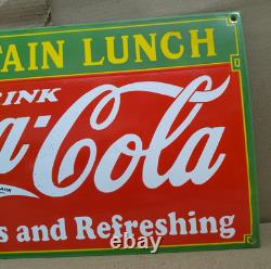 Drink Coca Cola Fountain Lunch Porcelain Enamel Sign 24 x 14 Inches 1 Sided