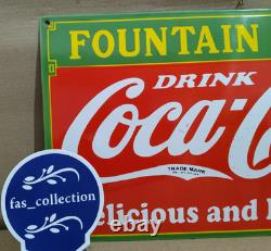 Drink Coca Cola Fountain Lunch Porcelain Enamel Sign 24 x 14 Inches 1 Sided