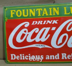 Drink Coca Cola Fountain Lunch Porcelain Enamel Sign 24 x 14 Inches 1 Sided