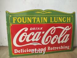 Drink Coca Cola Fountain Lunch Porcelain Enamel Sign 27 x 18 Inches