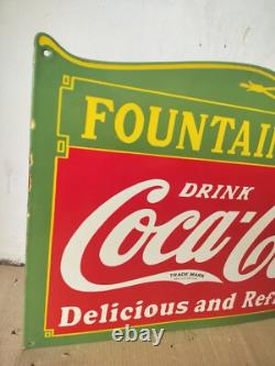 Drink Coca Cola Fountain Lunch Porcelain Enamel Sign 27 x 18 Inches
