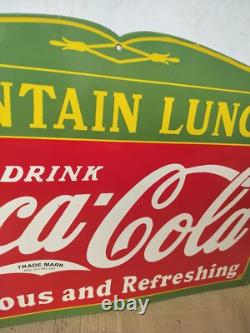 Drink Coca Cola Fountain Lunch Porcelain Enamel Sign 27 x 18 Inches
