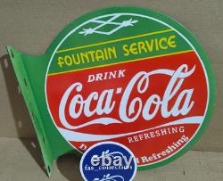 Drink Coca Cola Fountain Service Porcelain Enamel Sign 19.5 x 17 Inches 2 Sided