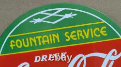 Drink Coca Cola Fountain Service Porcelain Enamel Sign 19.5 x 17 Inches 2 Sided