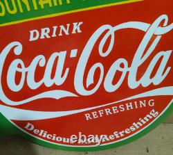 Drink Coca Cola Fountain Service Porcelain Enamel Sign 19.5 x 17 Inches 2 Sided