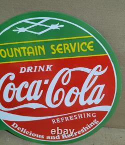 Drink Coca Cola Fountain Service Porcelain Enamel Sign 19.5 x 17 Inches 2 Sided
