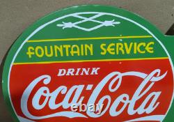 Drink Coca Cola Fountain Service Porcelain Enamel Sign 19.5 x 17 Inches 2 Sided