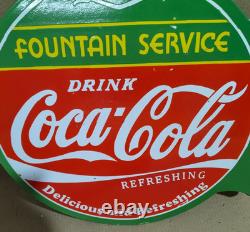 Drink Coca Cola Fountain Service Porcelain Enamel Sign 19.5 x 17 Inches 2 Sided