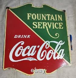 Drink Coca Cola Fountain Service Porcelain Enamel Sign 25 x 23 Inches D/S