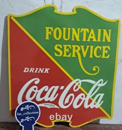 Drink Coca Cola Fountain Service Porcelain Enamel Sign 26 x 23 Inches 2 Sided