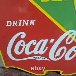 Drink Coca Cola Fountain Service Porcelain Enamel Sign 26 x 23 Inches 2 Sided