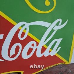 Drink Coca Cola Fountain Service Porcelain Enamel Sign 26 x 23 Inches 2 Sided