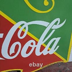 Drink Coca Cola Fountain Service Porcelain Enamel Sign 26 x 23 Inches 2 Sided