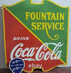 Drink Coca Cola Fountain Service Porcelain Enamel Sign 26 x 23 Inches 2 Sided