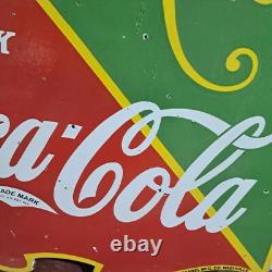 Drink Coca Cola Fountain Service Porcelain Enamel Sign 26 x 23 Inches 2 Sided